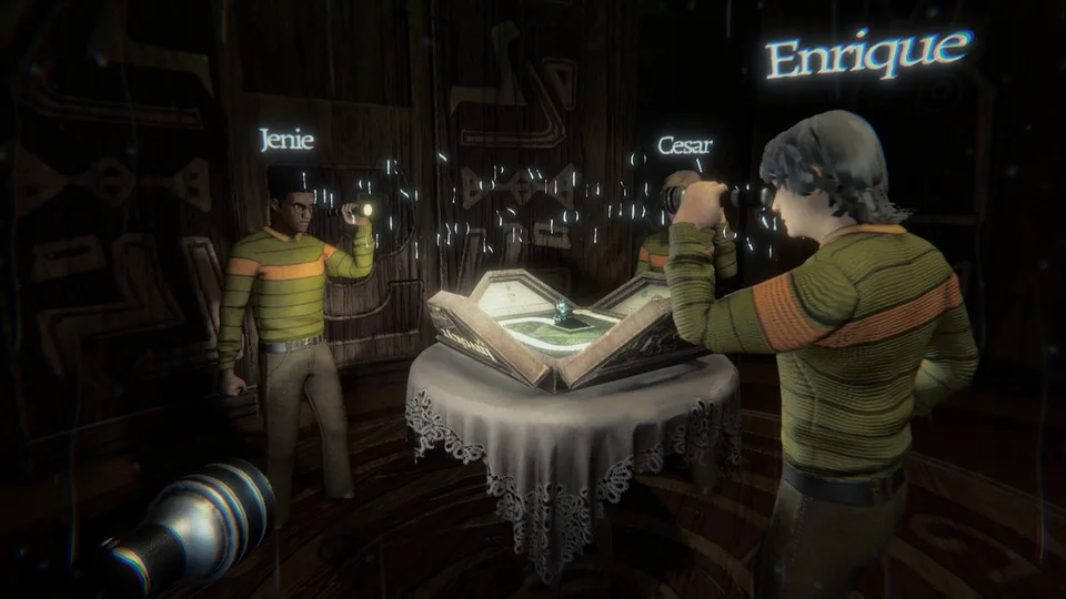 Invokyr players gathered around the glowing cursed board game in the haunted manor